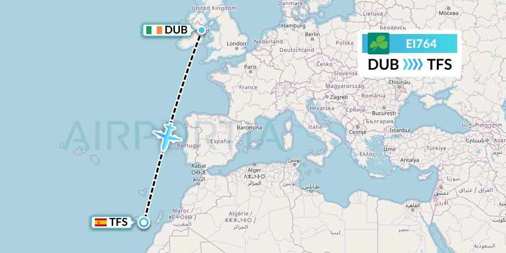 EI764 Aer Lingus Flight Map: Dublin to Tenerife