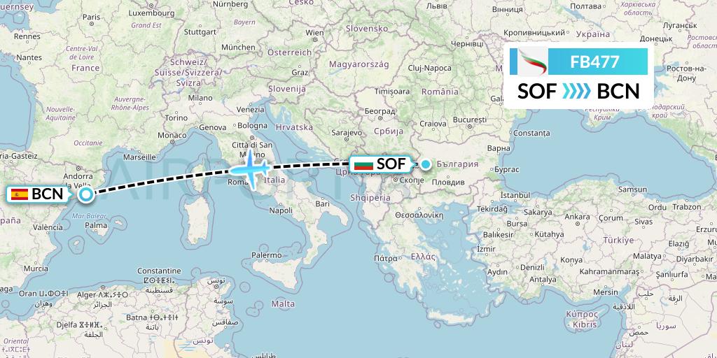 FB477 Bulgaria Air Flight Map: Sofia to Barcelona