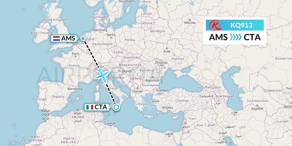 KQ913 Kenya Airways Flight Map: Amsterdam to Catania