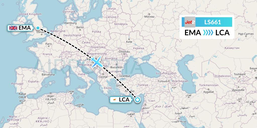 LS661 Jet2 Flight Map: East Midlands to Larnaca