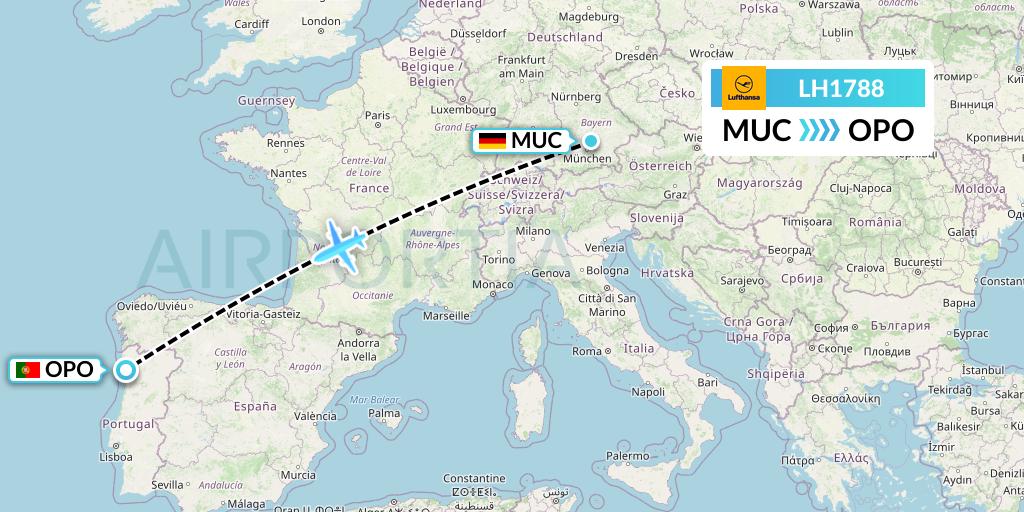 LH1788 Lufthansa Flight Map: Munich to Porto