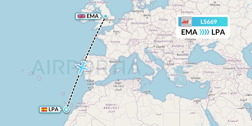 LS669 Jet2 Flight Map: East Midlands to Las Palmas