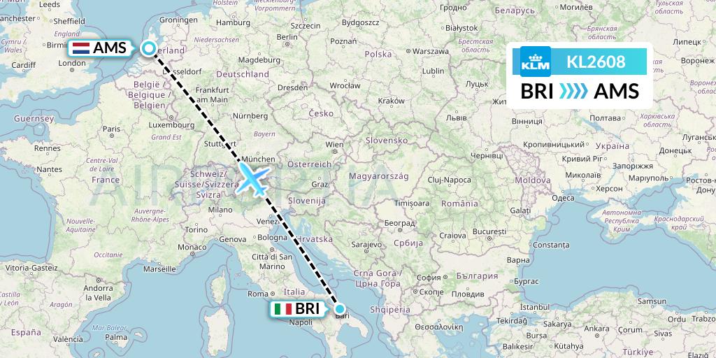 KL2608 KLM Flight Map: Bari to Amsterdam
