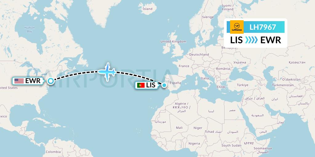 LH7967 Lufthansa Flight Map: Lisbon to New York