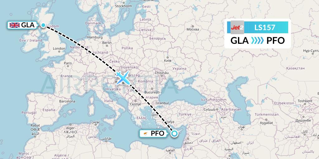 LS157 Jet2 Flight Map: Glasgow to Pafos