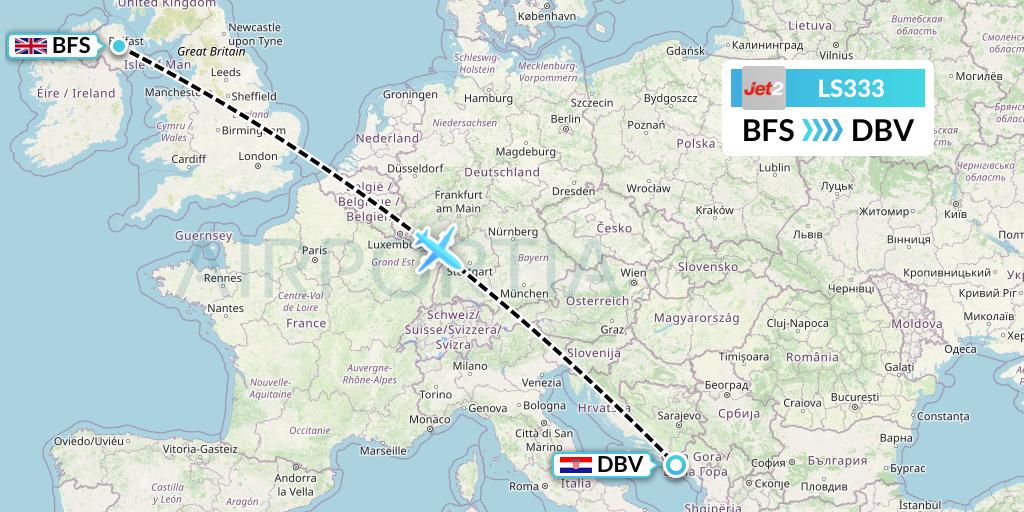 LS333 Jet2 Flight Map: Belfast to Dubrovnik