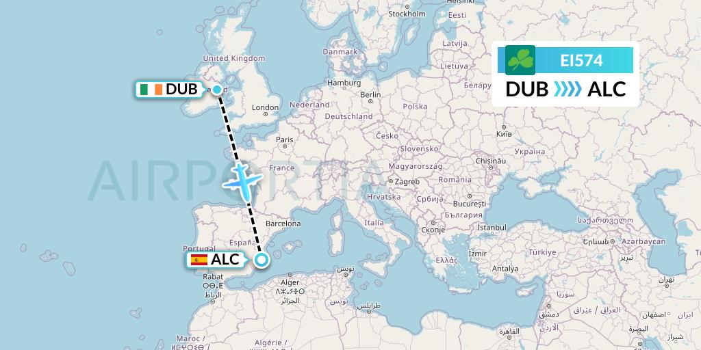 EI574 Aer Lingus Flight Map: Dublin to Alicante