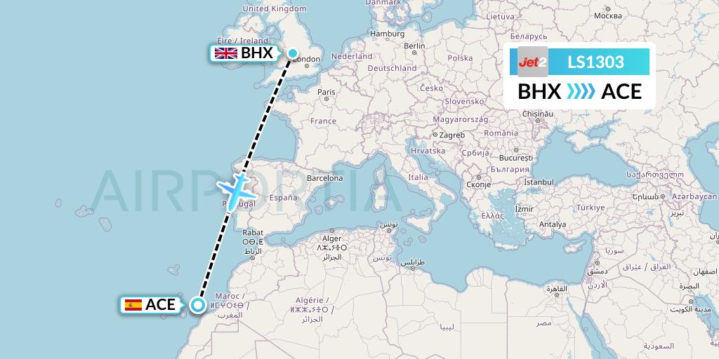 LS1303 Jet2 Flight Map: Birmingham to Lanzarote