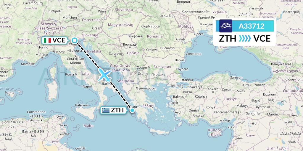 A33712 Aegean Airlines Flight Map: Zakynthos to Venice