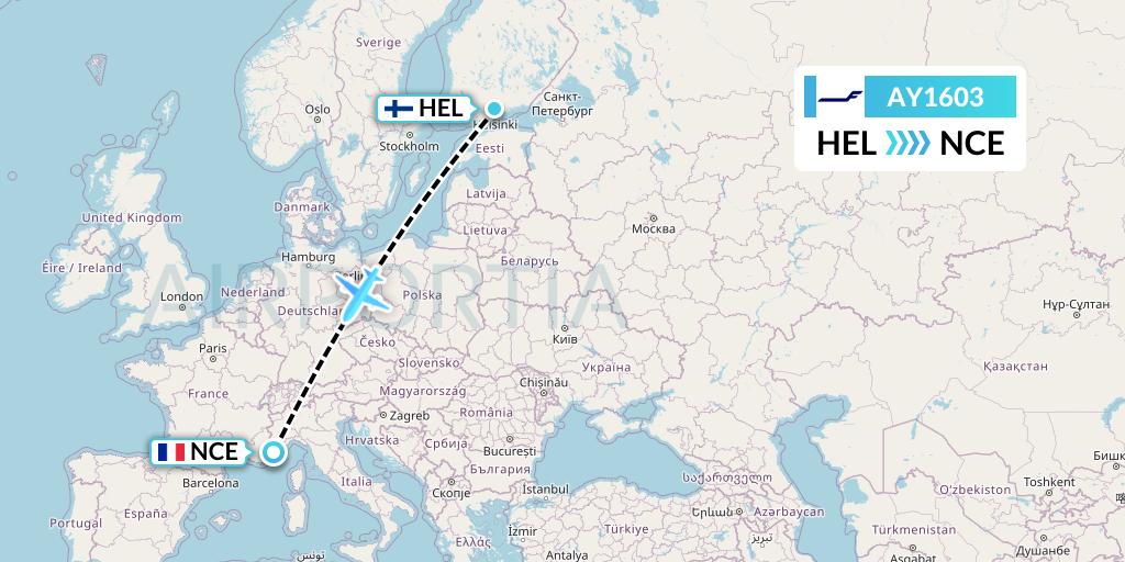 AY1603 Finnair Flight Map: Helsinki to Nice