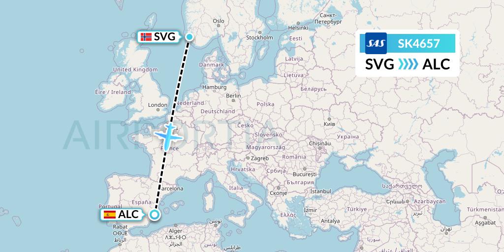 SK4657 SAS Flight Map: Stavanger to Alicante