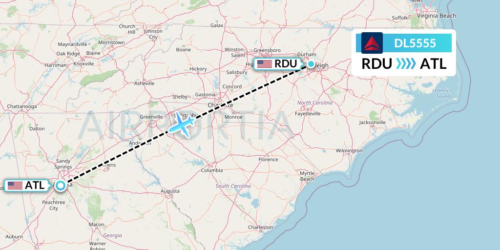 DL5555 Delta Air Lines Flight Map: Raleigh-Durham to Atlanta