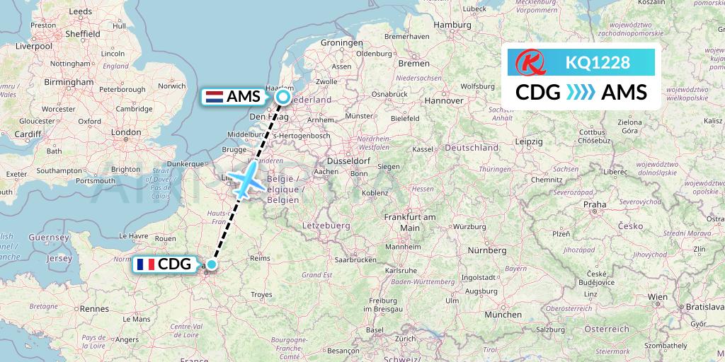 KQ1228 Kenya Airways Flight Map: Paris to Amsterdam