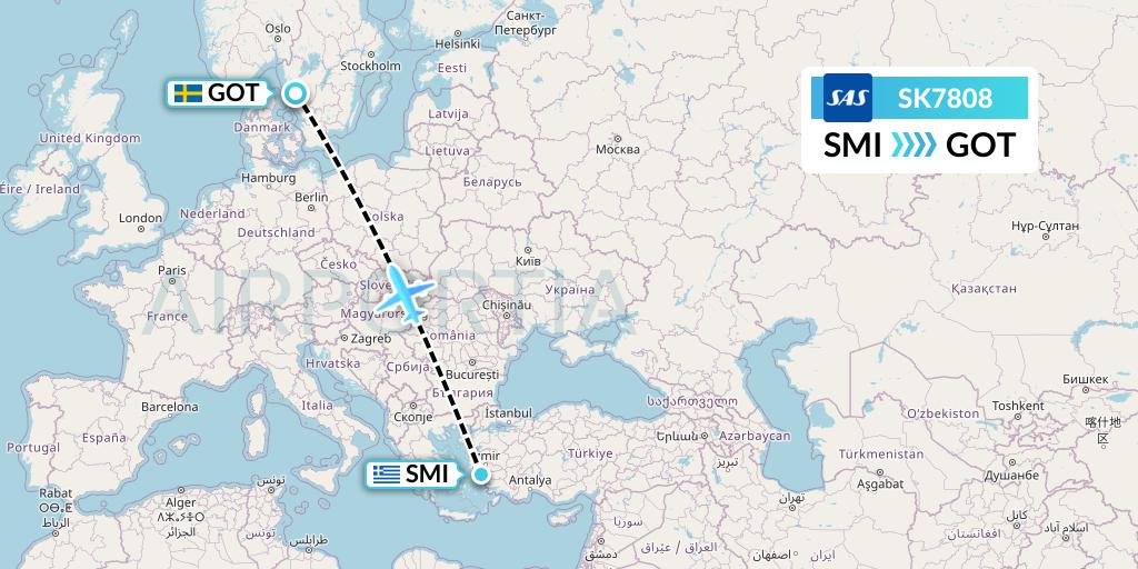 SK7808 SAS Flight Map: Samos to Gothenburg