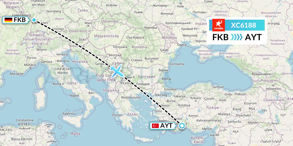 XC6188 Corendon Airlines Flight Map: Karlsruhe/Baden-Baden to Antalya