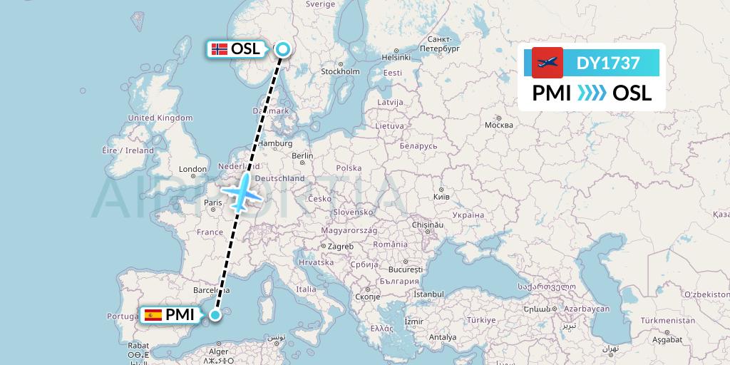 DY1737 Norwegian Flight Map: Palma de Mallorca to Oslo