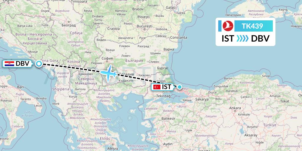 TK439 Turkish Airlines Flight Map: Istanbul to Dubrovnik