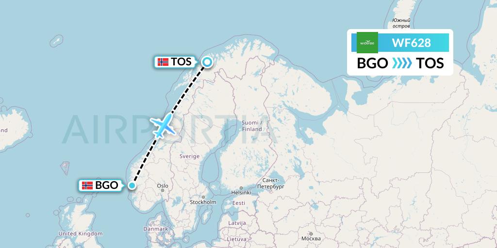 WF628 Wideroe Flight Map: Bergen to Tromso