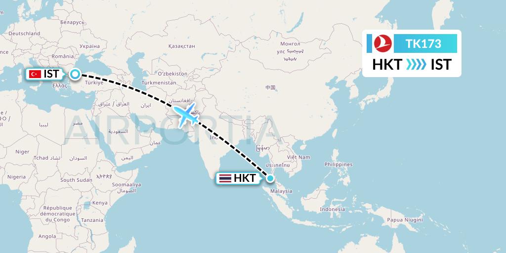 TK173 Turkish Airlines Flight Map: Phuket to Istanbul