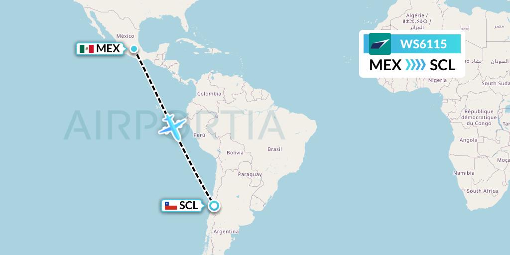 WS6115 WestJet Flight Map: Mexico City to Santiago
