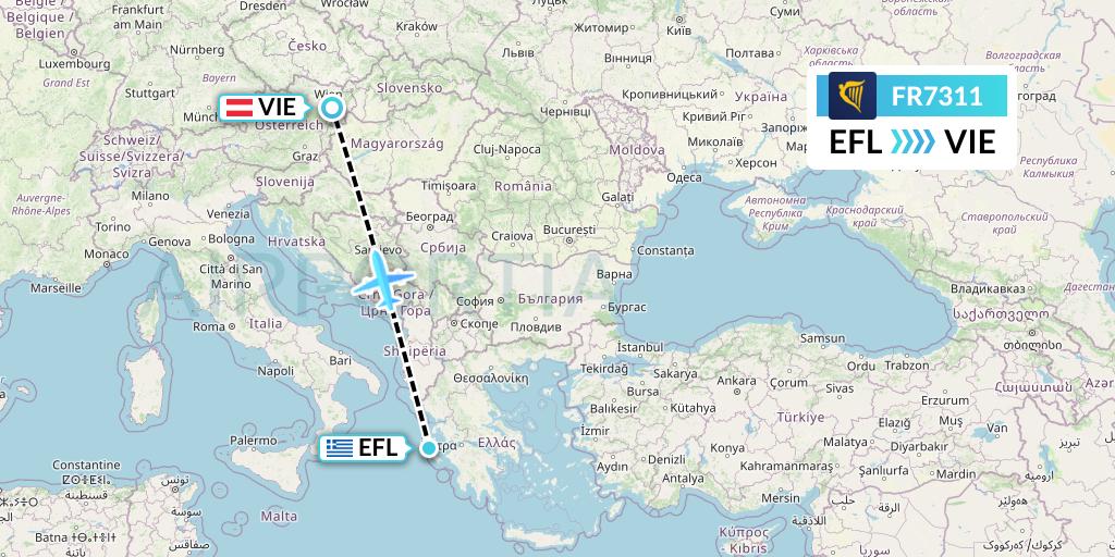 FR7311 Ryanair Flight Map: Kefalonia to Vienna