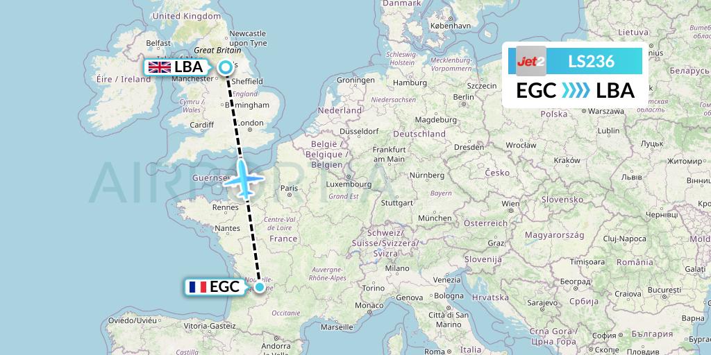 LS236 Jet2 Flight Map: Bergerac to Leeds