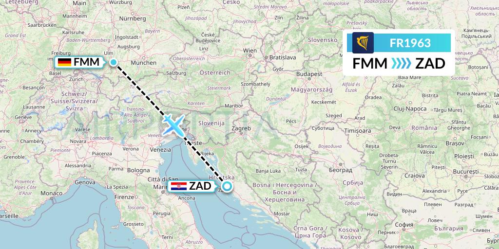 FR1963 Ryanair Flight Map: Memmingen to Zadar