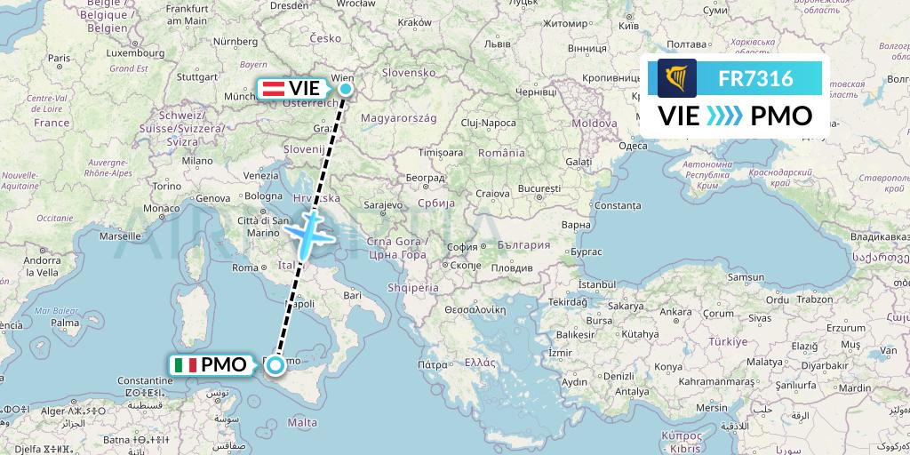 FR7316 Ryanair Flight Map: Vienna to Palermo