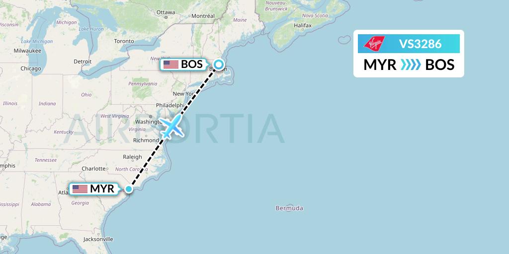 VS3286 Virgin Atlantic Airways Flight Map: Myrtle Beach to Boston