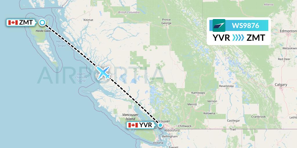 WS9876 WestJet Flight Map: Vancouver to Masset