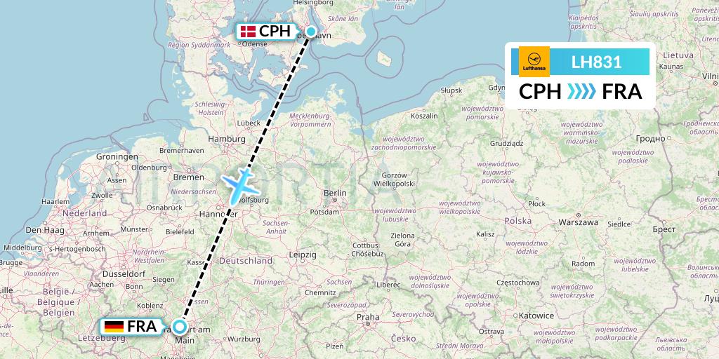 LH831 Lufthansa Flight Map: Copenhagen to Frankfurt