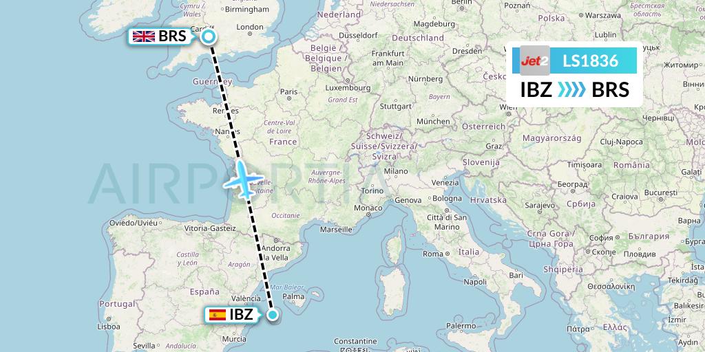 LS1836 Jet2 Flight Map: Ibiza to Bristol