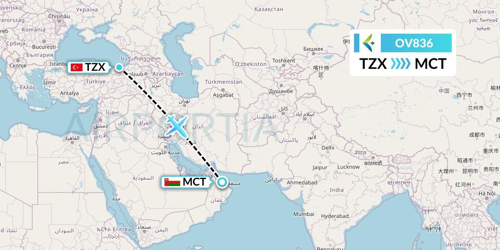 OV836 SalamAir Flight Map: Trabzon to Muscat