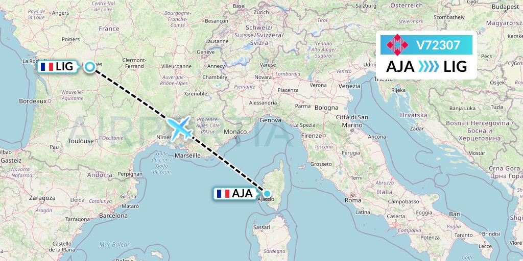 V72307 Volotea Flight Map: Ajaccio to Limoges