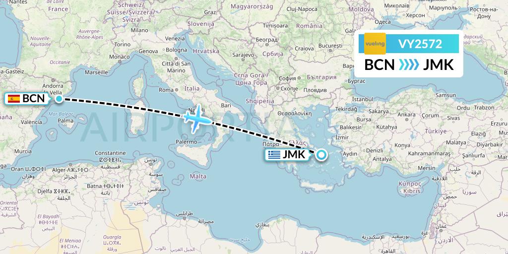 VY2572 Vueling Flight Map: Barcelona to Mykonos