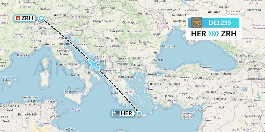 DE1235 Condor Flight Map: Heraklion to Zurich