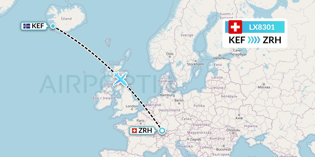 LX8301 Swiss Flight Map: Reykjavik to Zurich