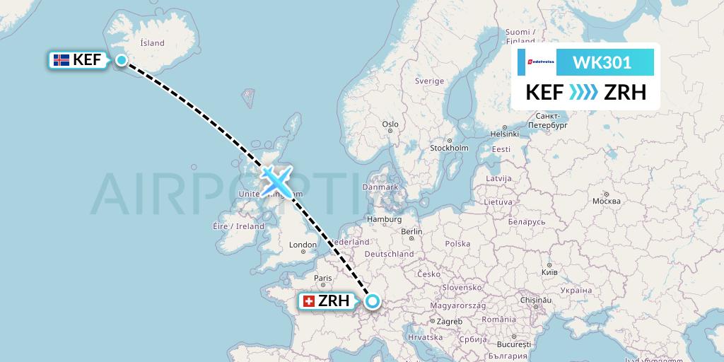 WK301 Edelweiss Air Flight Map: Reykjavik to Zurich