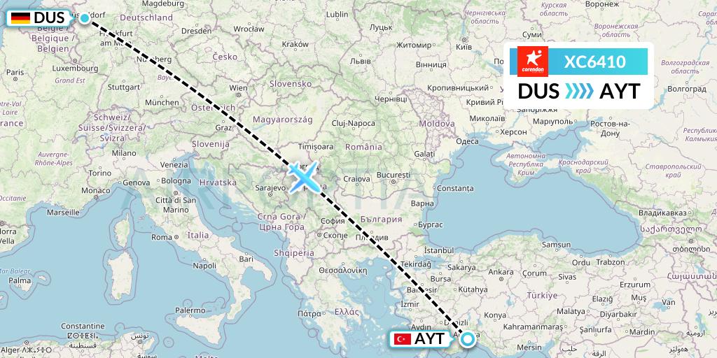 XC6410 Corendon Airlines Flight Map: Dusseldorf to Antalya