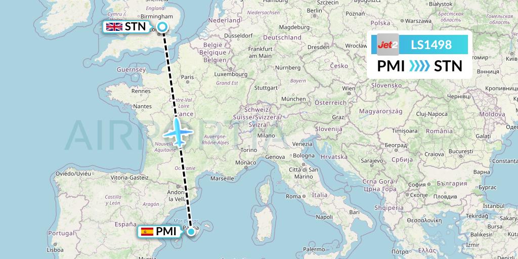 LS1498 Jet2 Flight Map: Palma de Mallorca to London