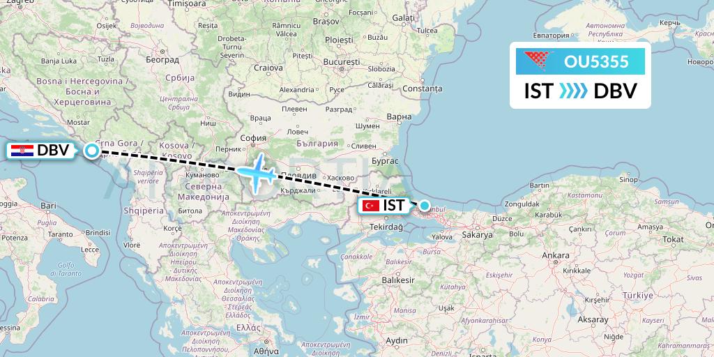 OU5355 Croatia Airlines Flight Map: Istanbul to Dubrovnik