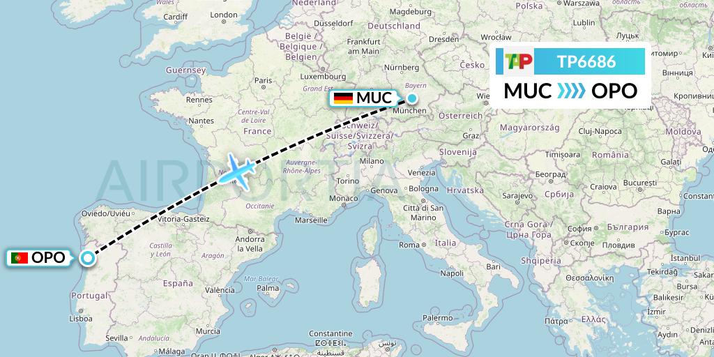 TP6686 TAP Portugal Flight Map: Munich to Porto