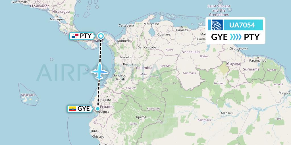 UA7054 United Airlines Flight Map: Guayaquil to Panama City