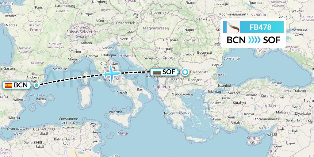FB478 Bulgaria Air Flight Map: Barcelona to Sofia