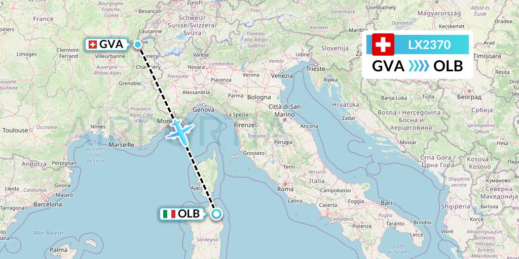 LX2370 Swiss Flight Map: Geneva to Olbia