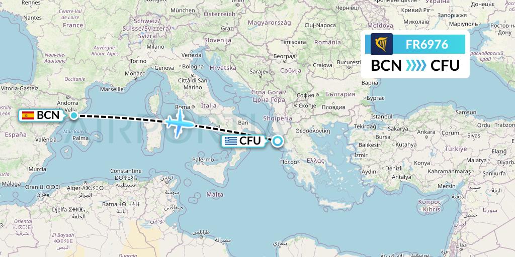 FR6976 Ryanair Flight Map: Barcelona to Corfu
