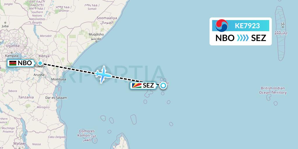 KE7923 Korean Air Flight Map: Nairobi to Victoria