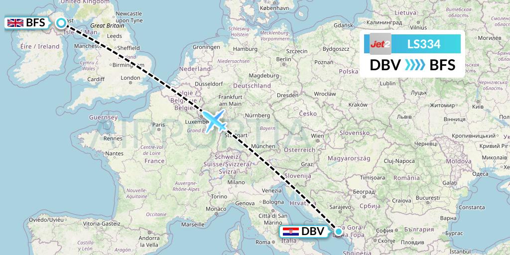 LS334 Jet2 Flight Map: Dubrovnik to Belfast