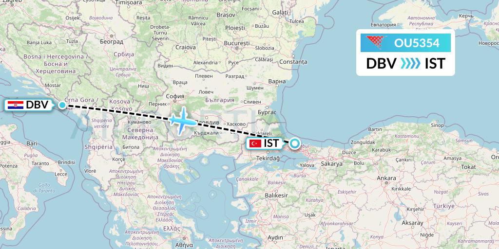 OU5354 Croatia Airlines Flight Map: Dubrovnik to Istanbul