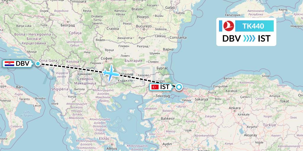 TK440 Turkish Airlines Flight Map: Dubrovnik to Istanbul